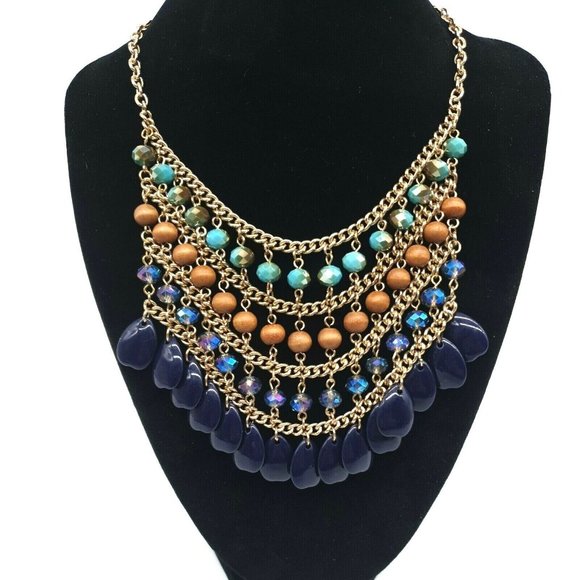 Women Waterfall Drop Vintage Style Necklace 17" - 20" Iridescent Bead Chain Blue - Picture 3 of 7